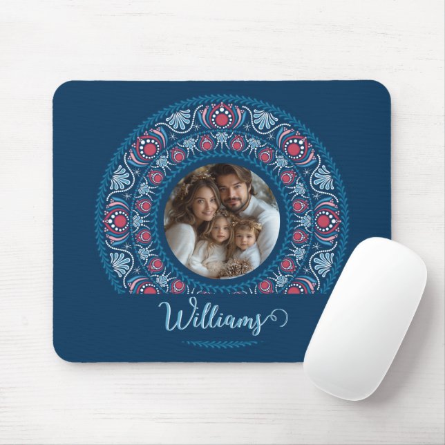 Mousepad Retrato Personalizado Família Azul Festivo Mandala (Com mouse)