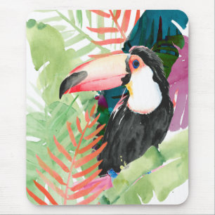 Mousepad Retrato tucano com folhas tropicais