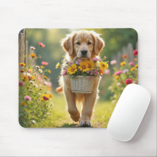 Mousepad Retriever de ouro caminhando com uma cesta de flor