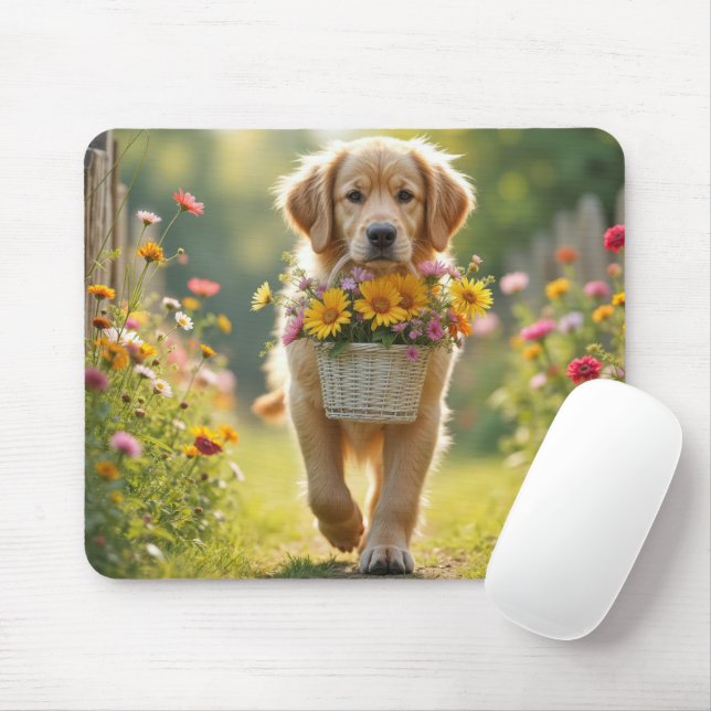 Mousepad Retriever de ouro caminhando com uma cesta de flor (Com mouse)