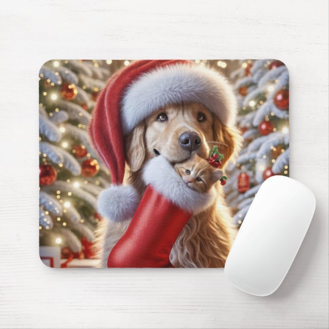Mousepad Retriever de ouro com Ginger Kitten em um Stocks (Com mouse)