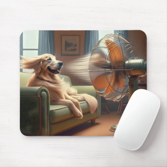 Mousepad Retriever de ouro sentado na frente do ventilador (Com mouse)