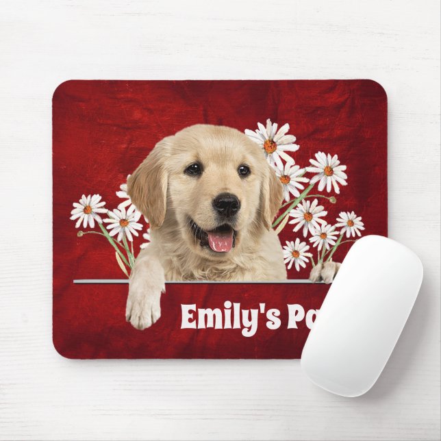 Mousepad Retriever de ouros e margaridas no couro (Com mouse)
