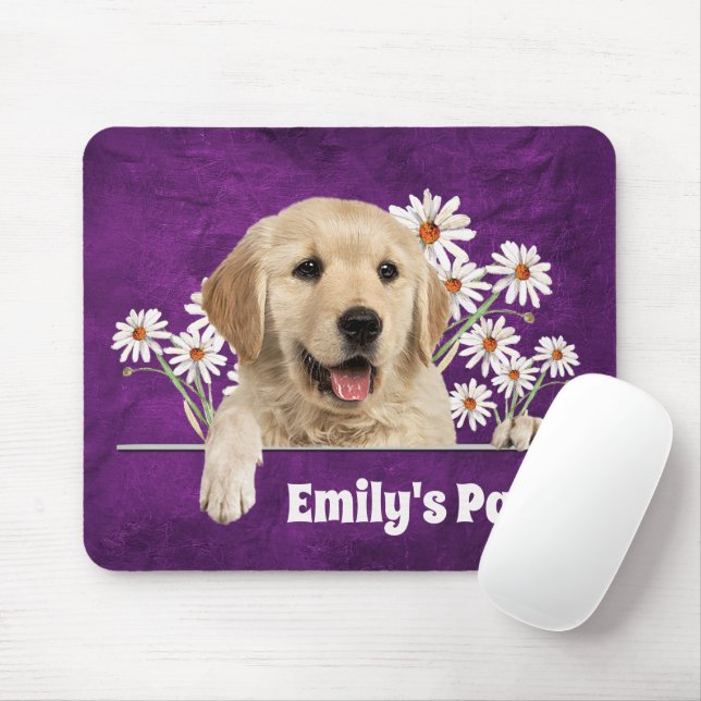 Mousepad Retriever de ouros e margaridas no couro (Com mouse)