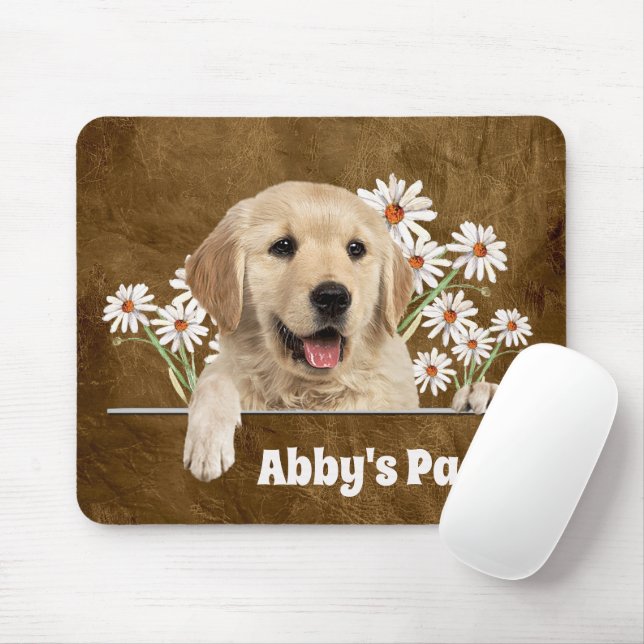 Mousepad Retriever de ouros e margaridas no couro (Com mouse)