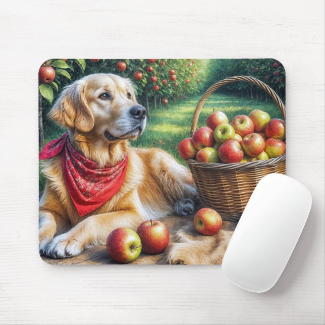 Mousepad Retriever De ouros No Pomar De Maçã (Com mouse)