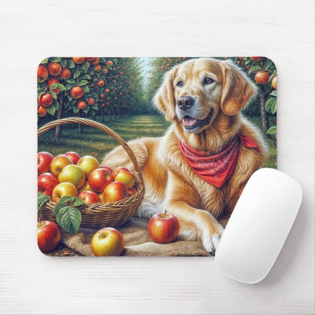 Mousepad Retriever De ouros No Pomar De Maçã (Com mouse)