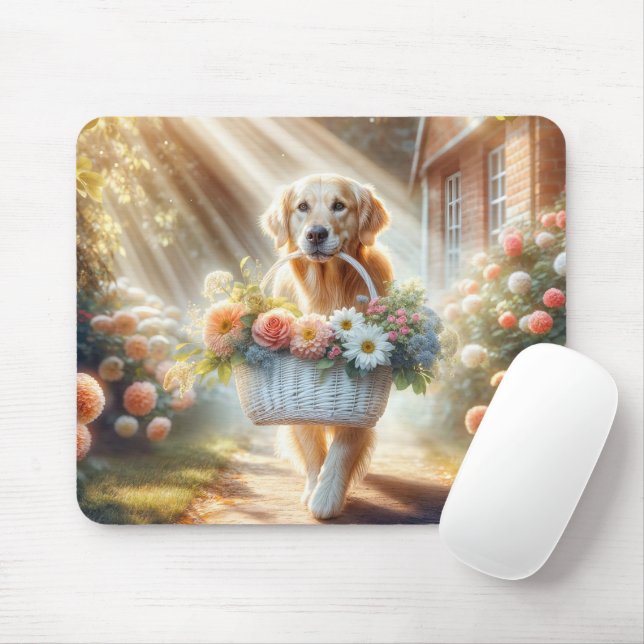Mousepad Retriever ouro Com Cesta De Flor (Com mouse)