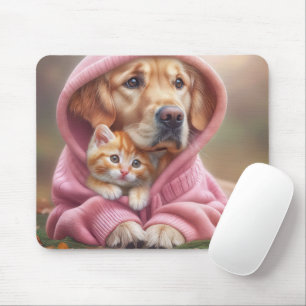 Mousepad Retriever ouro e Kitty em Hoodie Rosa