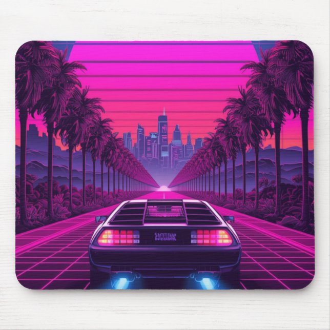 Mousepad Retro 80s Synthwave Neon Car Tapete de Mesa e Mous (Frente)