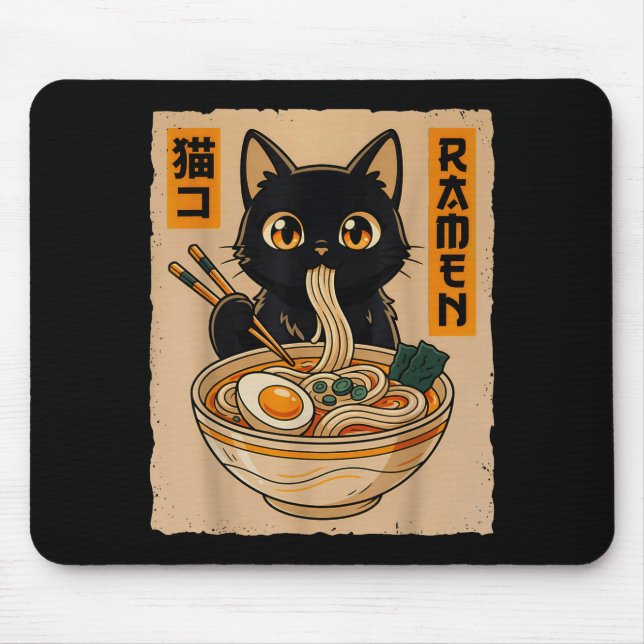 Mousepad Retro Anime Kawaii Black Cat Eating Ramen Noodles  (Frente)