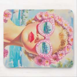Mousepad Retro Beach Girl com óculos de sol florais