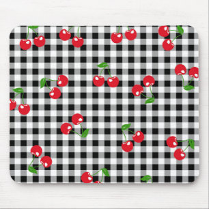 Mousepad Retro Cherry Gingham Cute Red & Black Checked