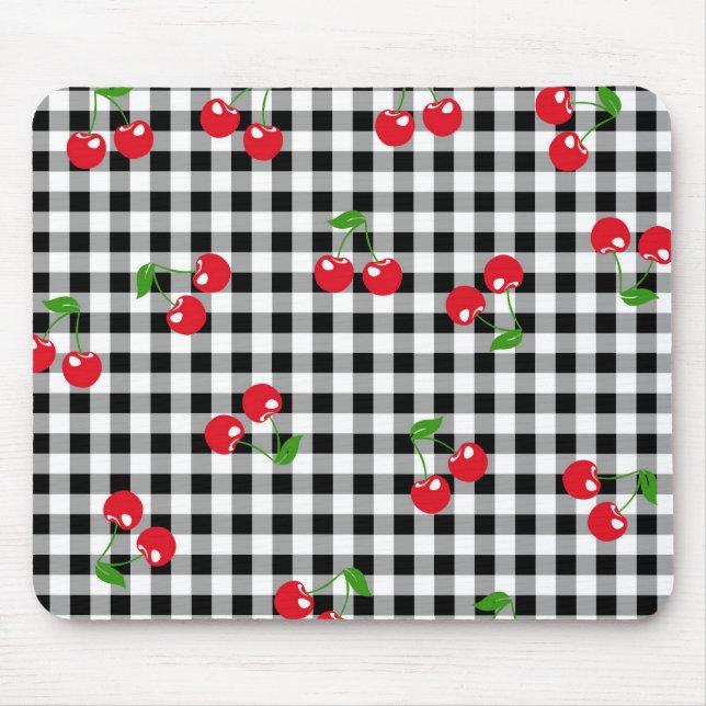 Mousepad Retro Cherry Gingham Cute Red & Black Checked (Frente)