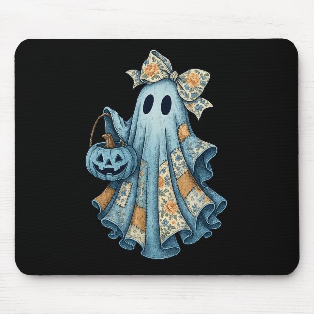 Mousepad Retro Halloween Blue Denim Ghost Fall Pumpkin Spot (Frente)