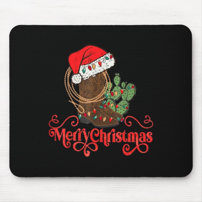 Mousepad Retro Merry Xmas Santa Hat Cowboy Boots Western Ch (Frente)