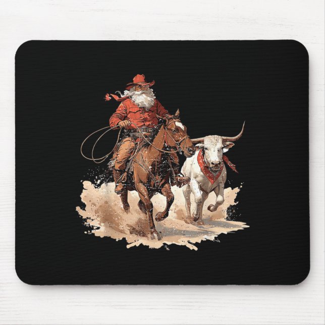 Mousepad Retro Santa Rodeo Reindeer Cowboy Western Horse Hi (Frente)