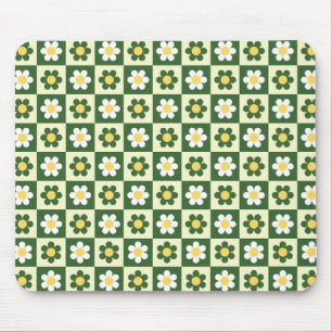 Mousepad Retro Verde Sage e Creme Xadrez de Margaridas