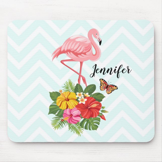 Mousepad Rico rosa Flamingo e Hibiscus Tropical (Frente)