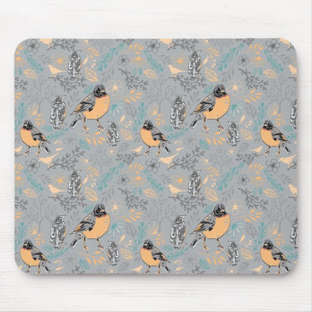 Mousepad Robin Bird Mama e Baby Summer Brood com Flores (Frente)