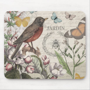 Mousepad Robin Elegant Bird Butterfly Arte Francesa