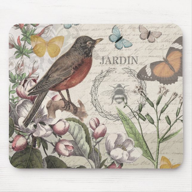Mousepad Robin Elegant Bird Butterfly Arte Francesa (Frente)