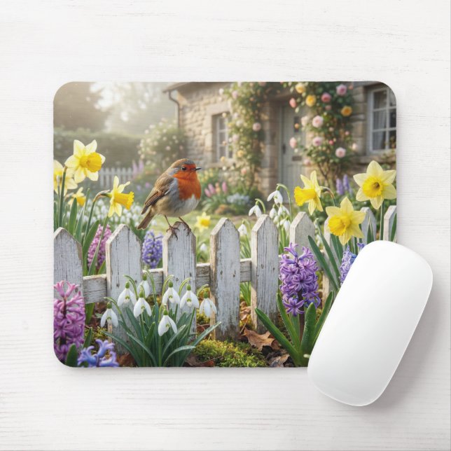 Mousepad Robin Sobre uma Cerca de Jardim de Primavera (Com mouse)