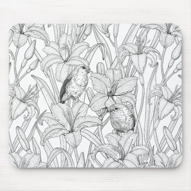 Mousepad Robins e flores, preto e branco (Frente)