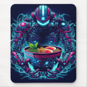 Mousepad Robô Futurista Ciberpunk Neon Comida Ramen