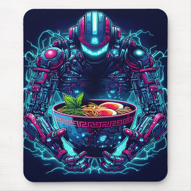 Mousepad Robô Futurista Ciberpunk Neon Comida Ramen (Frente)