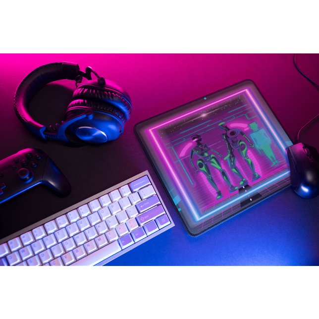 Mousepad Robôs Humanoides Neon Synthwave Cyberpunk (Two neon robots bring retro-futuristic synthwave energy straight to your gaming setup.)