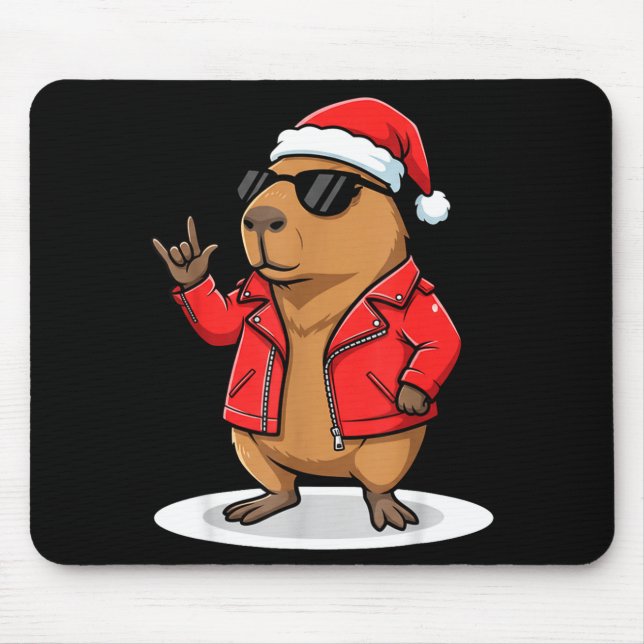 Mousepad Rock Capybara Xmas Santa Men Women Kids Funny Ugly (Frente)