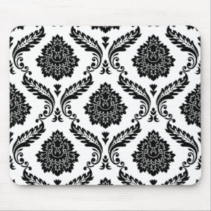 Mousepad Rococo Damask Grande Padrão Preto no Branco