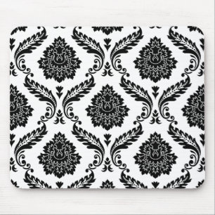 Mousepad Rococo Damask Grande Padrão Preto no Branco
