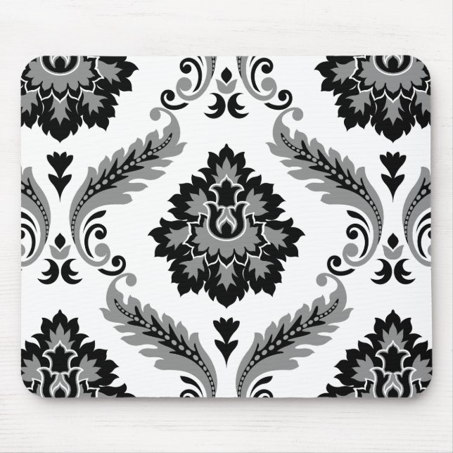 Mousepad Rococo Damask Padrão Grande Cinza Preto Branco (Frente)