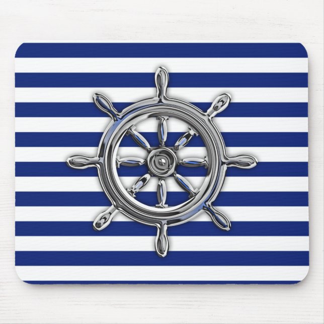 Mousepad Roda do Cromo Prateado em Stripes Náuticas (Frente)
