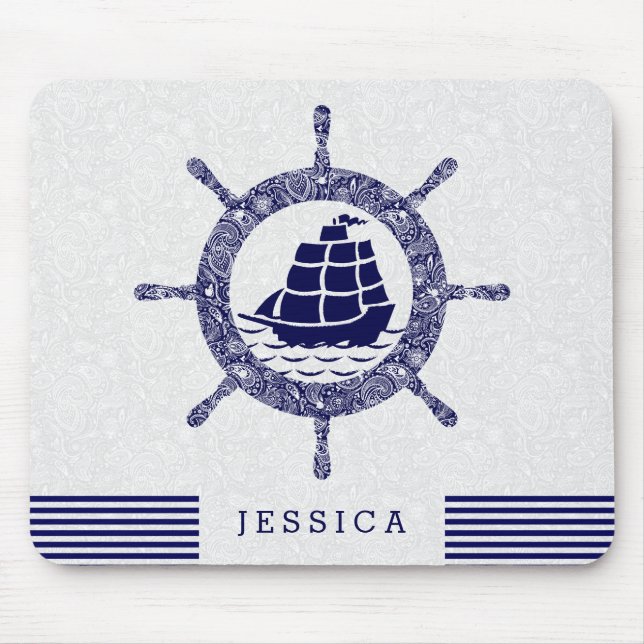 Mousepad Roda Náutica marinho Azul E Branca (Frente)