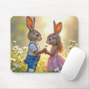 Mousepad Romance de Coelho em um Campo de Margaridas