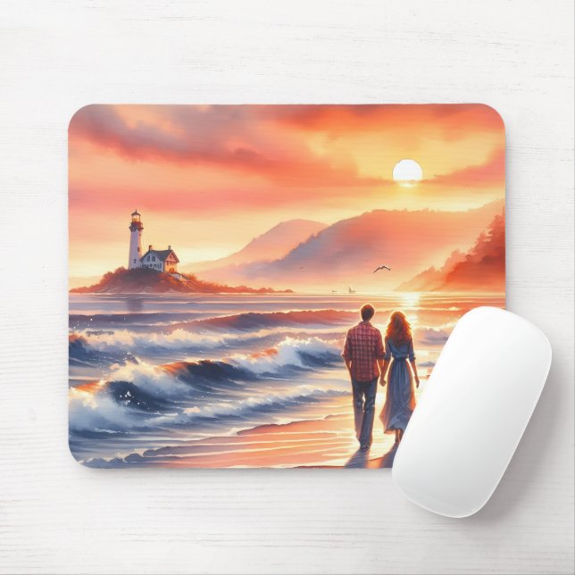 Mousepad Romantic Coastal Sunset Lighthouse Walk (Com mouse)