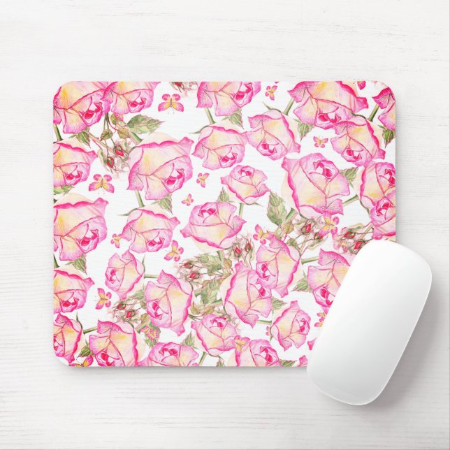 Mousepad Romantic white pink yellow summer rose floral (Com mouse)