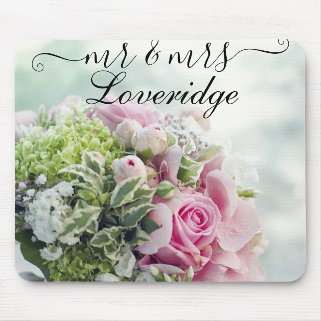 Mousepad Romântico Sr. & Sra. Rosa Floral Casamento (Frente)
