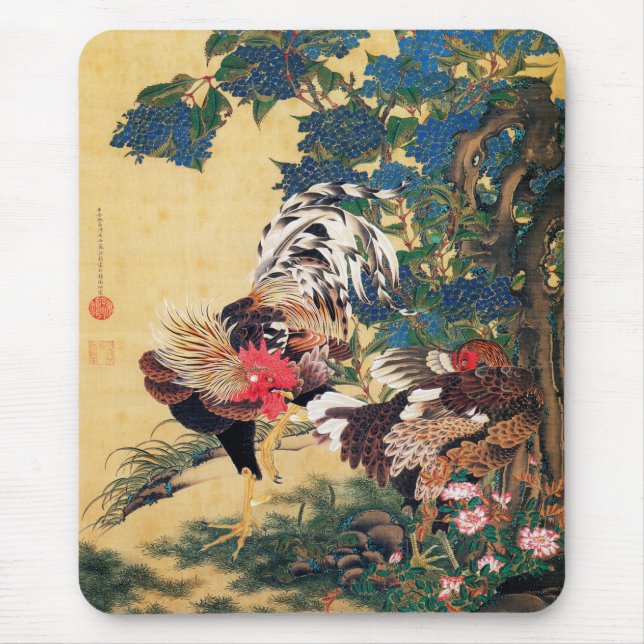 Mousepad Rooster e Hen com Hydrangeas por Ito Jakuchu (Frente)