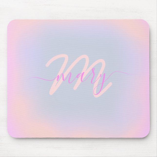 Mousepad Rosa Azul Pastéis Nome do Ombre Monograma Cardíaco (Frente)