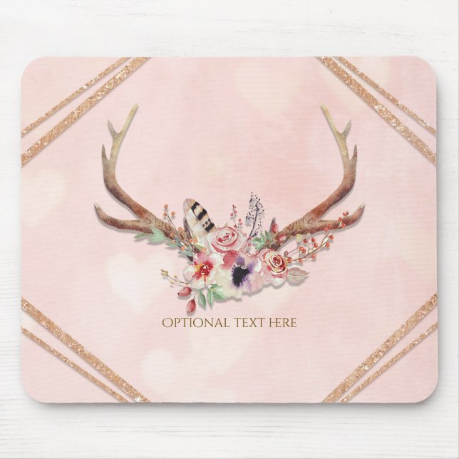 Mousepad Rosa Bege Floral Veado Chifre Boho Chic Glamour (Frente)