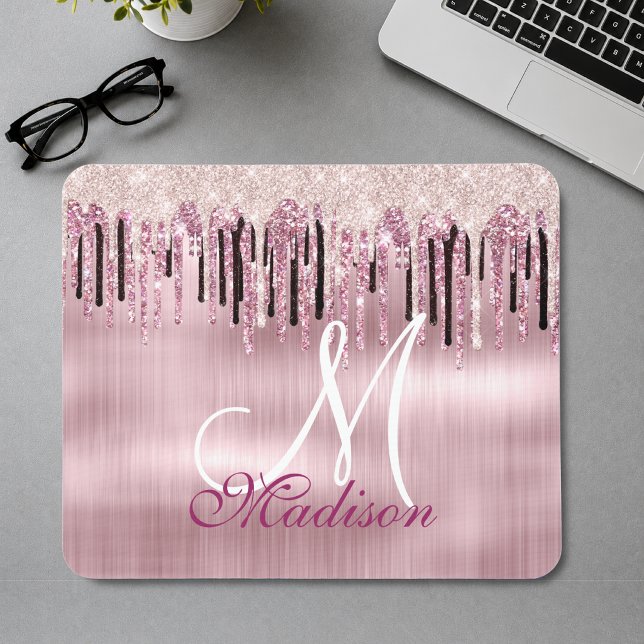 Mousepad Rosa chic blush rosa monograma pingando (Criador carregado)