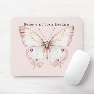 Mousepad Rosa Choque Pêssego Borboleta Acredite em Sonhos