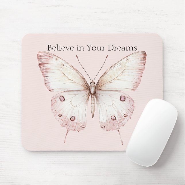 Mousepad Rosa Choque Pêssego Borboleta Acredite em Sonhos (Com mouse)