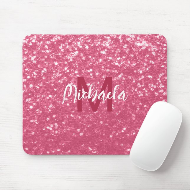 Mousepad Rosa claro monograma de rosa com brilho falso (Com mouse)