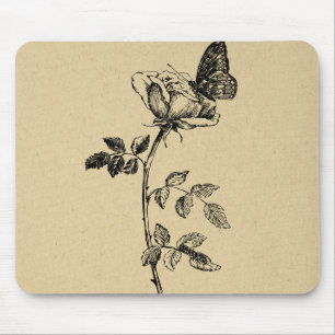 Mousepad Rosa com Arte de Vintagem de Borboleta