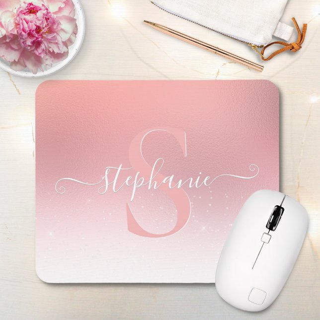 Mousepad Rosa cor-de-rosa Brilhante Brilhante Monograma (Criador carregado)